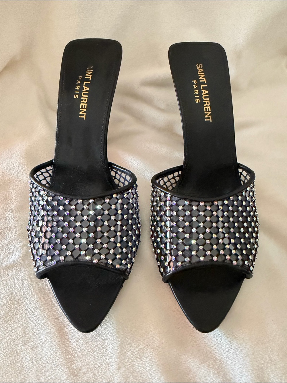 Saint Laurent Black Crystal Mesh Slide Mules Size 6 1/2